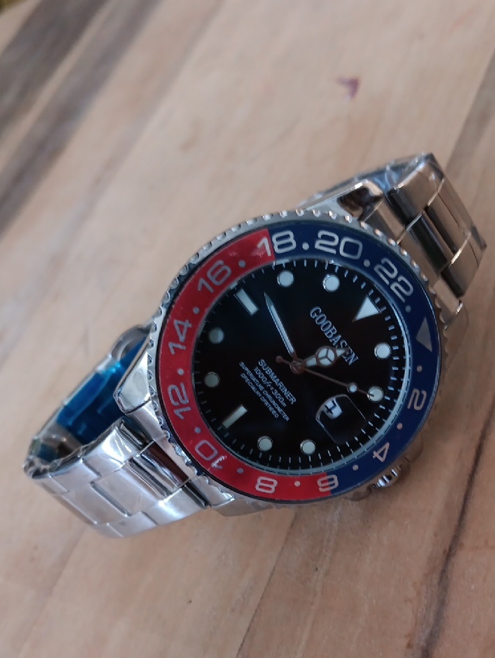 Men's Silver Watch with Red and Blue Bezel